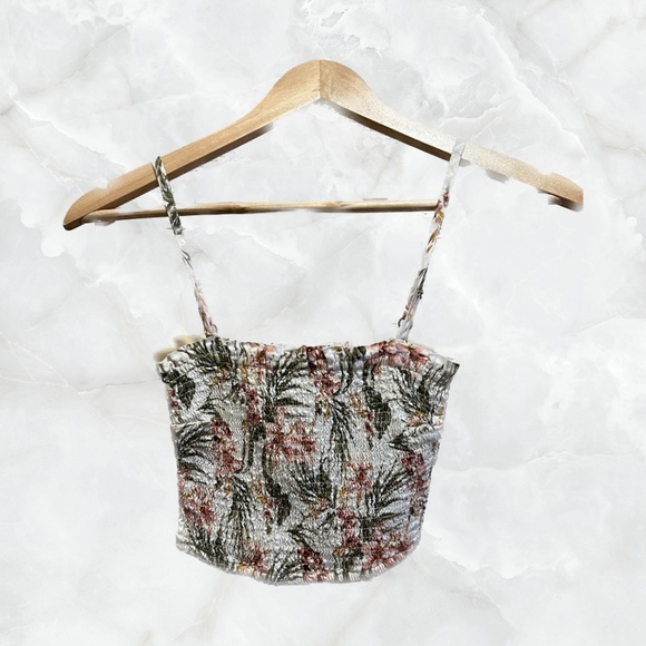 Cute White Smocked Crop Top with Tropical Flower Prints - Picture 1 of 4
